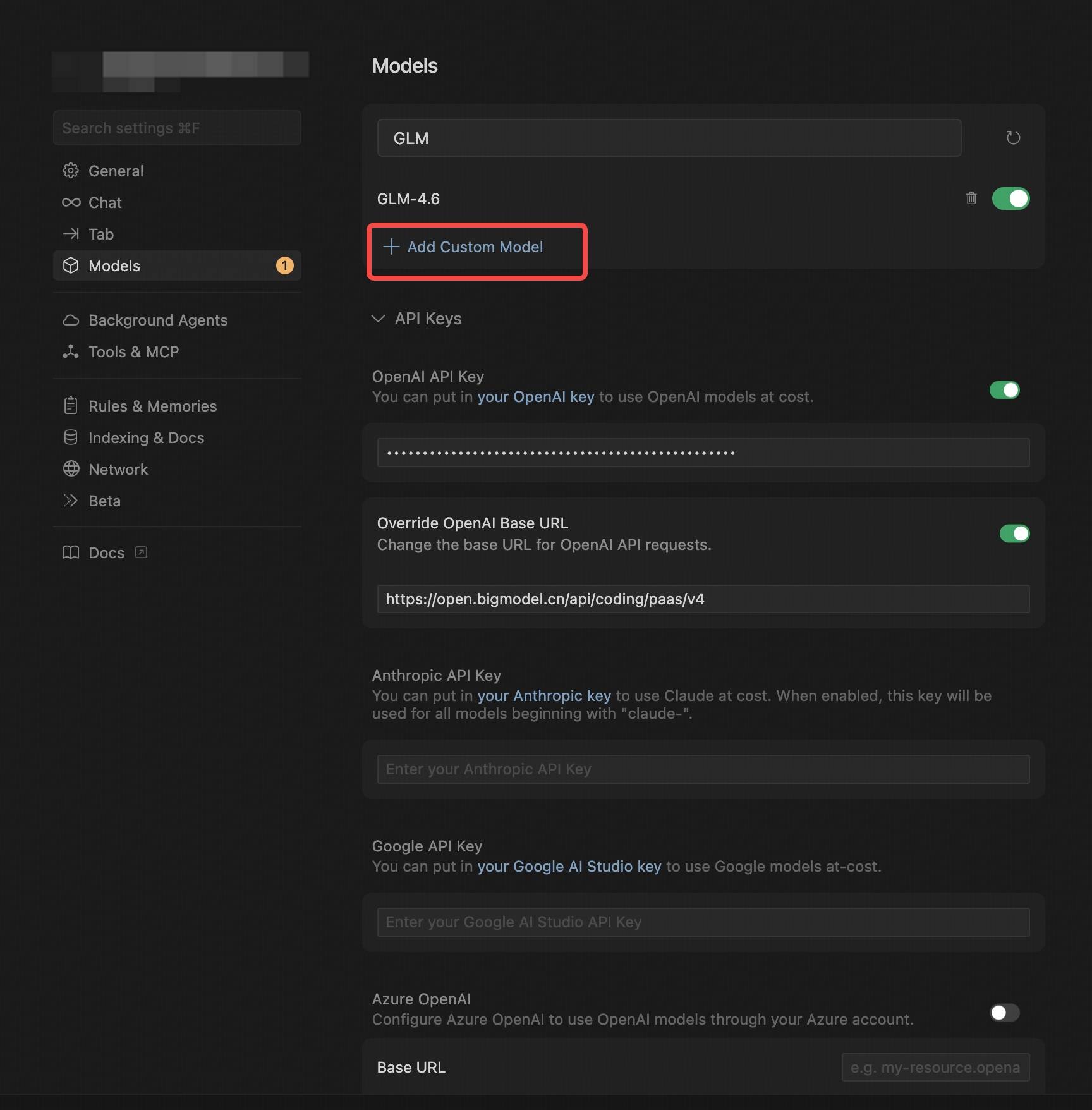 Cursor 配置 GLM-4.6 添加自定义模型界面教程截图