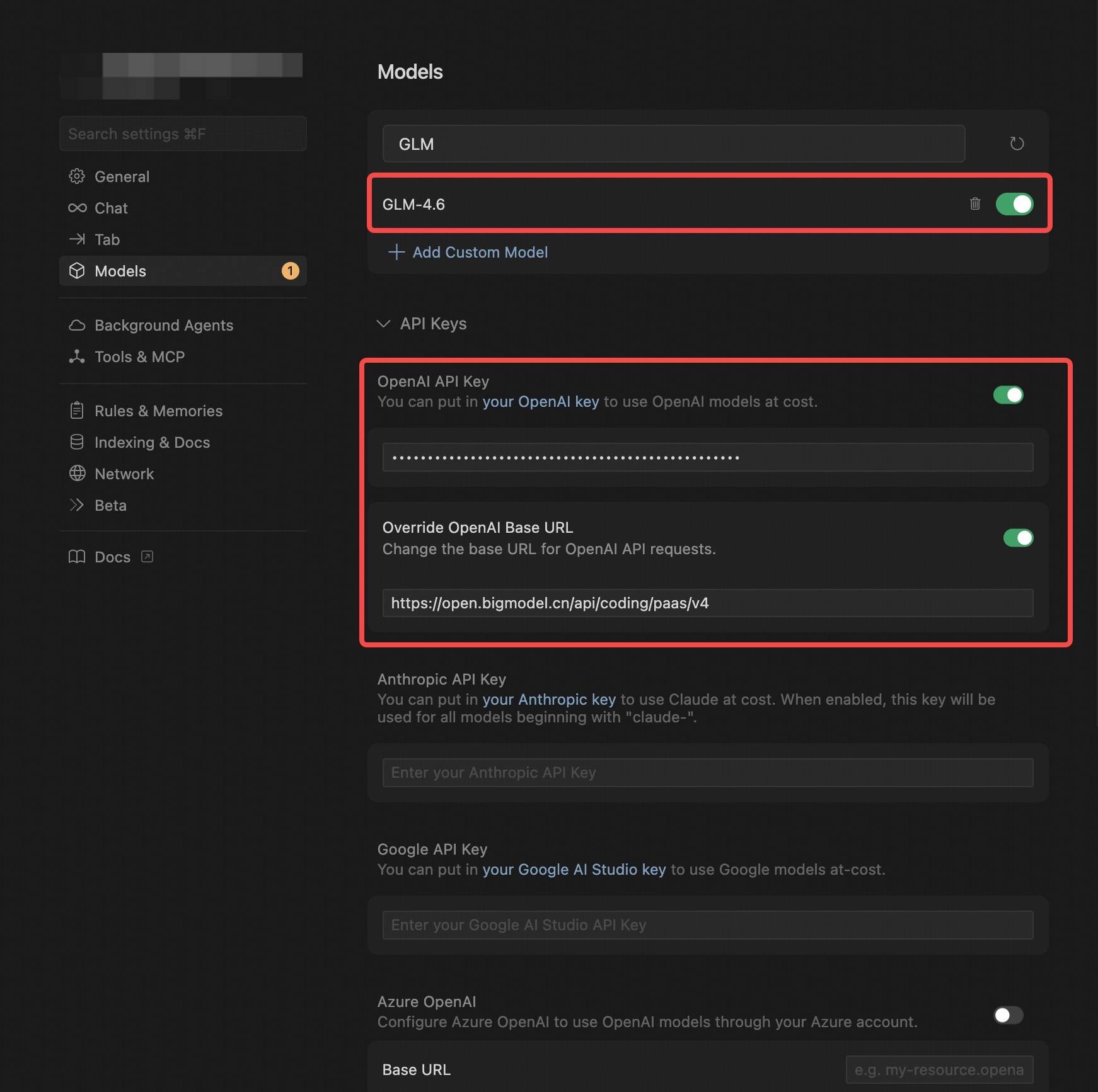 Cursor 配置 GLM-4.6 OpenAI 协议参数界面教程